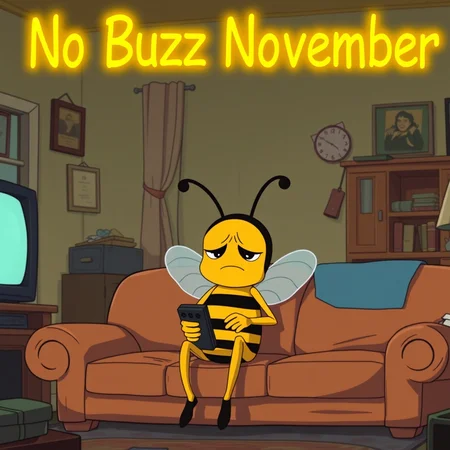 anime screencap of a sad anthropomorphic cartoon bee sitting on a couch in a run-down apartment and holding a remote. The words "No Buzz November" are in yellow neon lights above his head. The image overall evokes a cartoonish anime style,with vivid colors and dynamic shading.