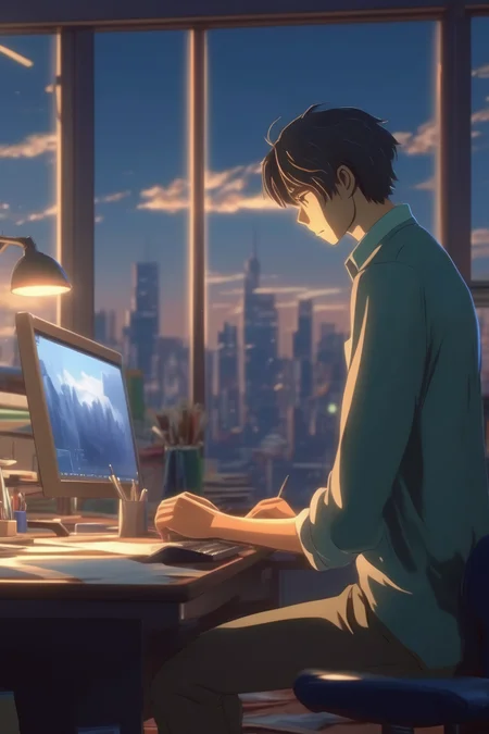 <lora:Makoto Shinkai Style:1>Makoto Shinkai Style - a man working at his desk in the style of Makoto Shinkai 4k