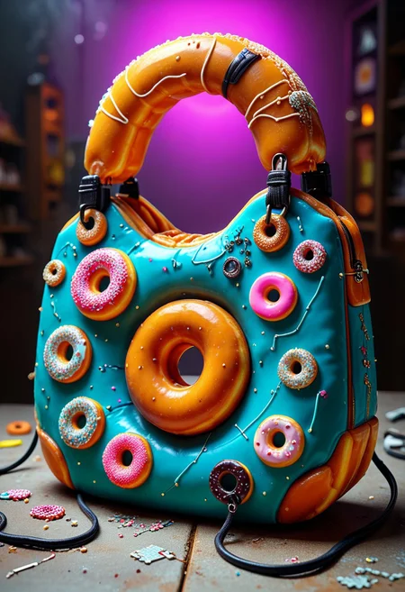 d0nu71f13d, An epic photo of a cyberpunk donut handbag made of doughnuts, neon color, masterpiece, best quality, highly detailed, sharp focus, dynamic lighting, flux-style, mobe-cybideen