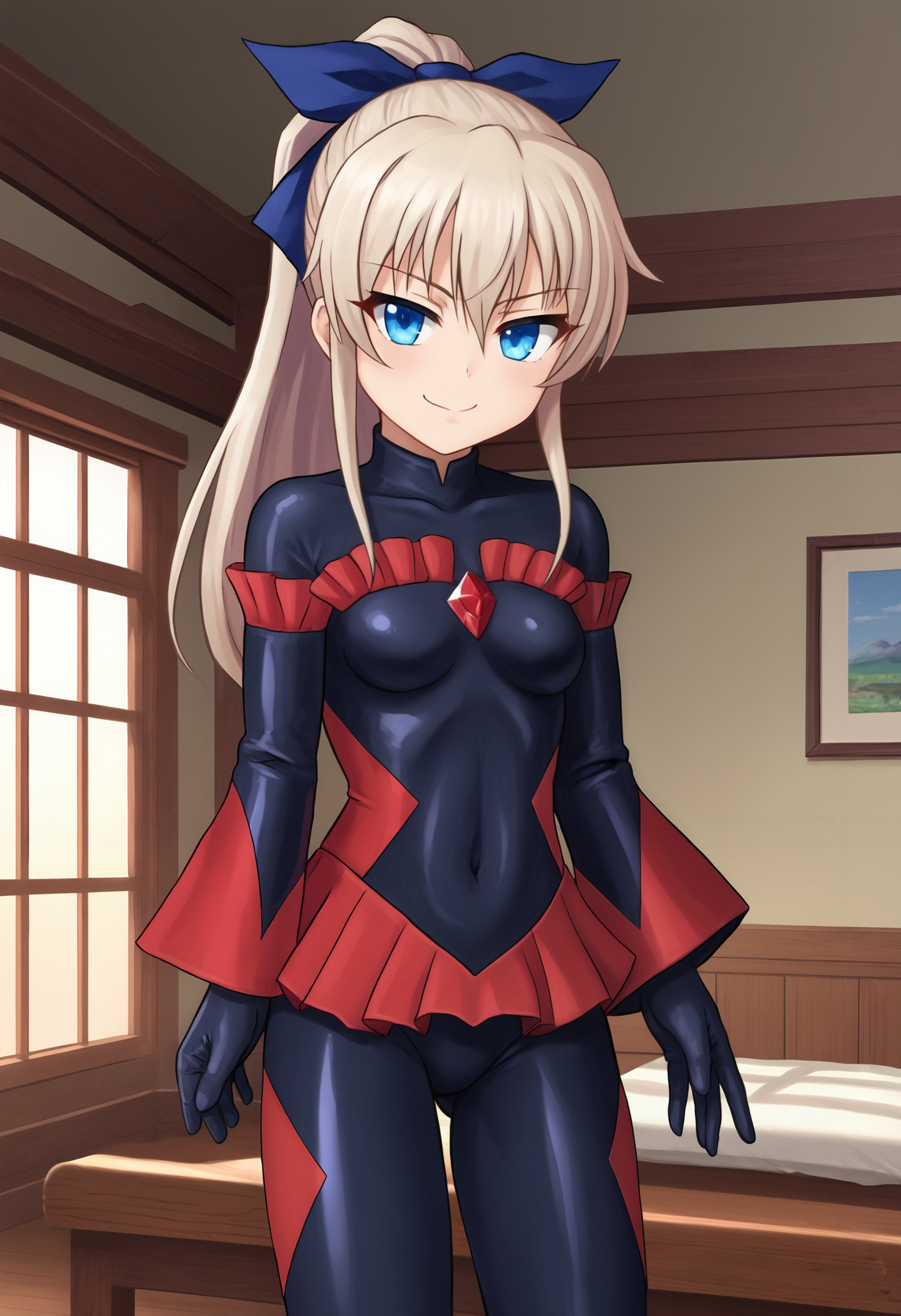 zPDXL, source_anime  BREAK
tomori nao, ponytail, hair bow, 
badend bodysuit, red badend, 
closed mouth, naughty face,
standing, cowboy shot, 
indoors   <lora:nao-ponyxl-kohya-006:0.6> <lora:bad-end-ot4-006:0.8>