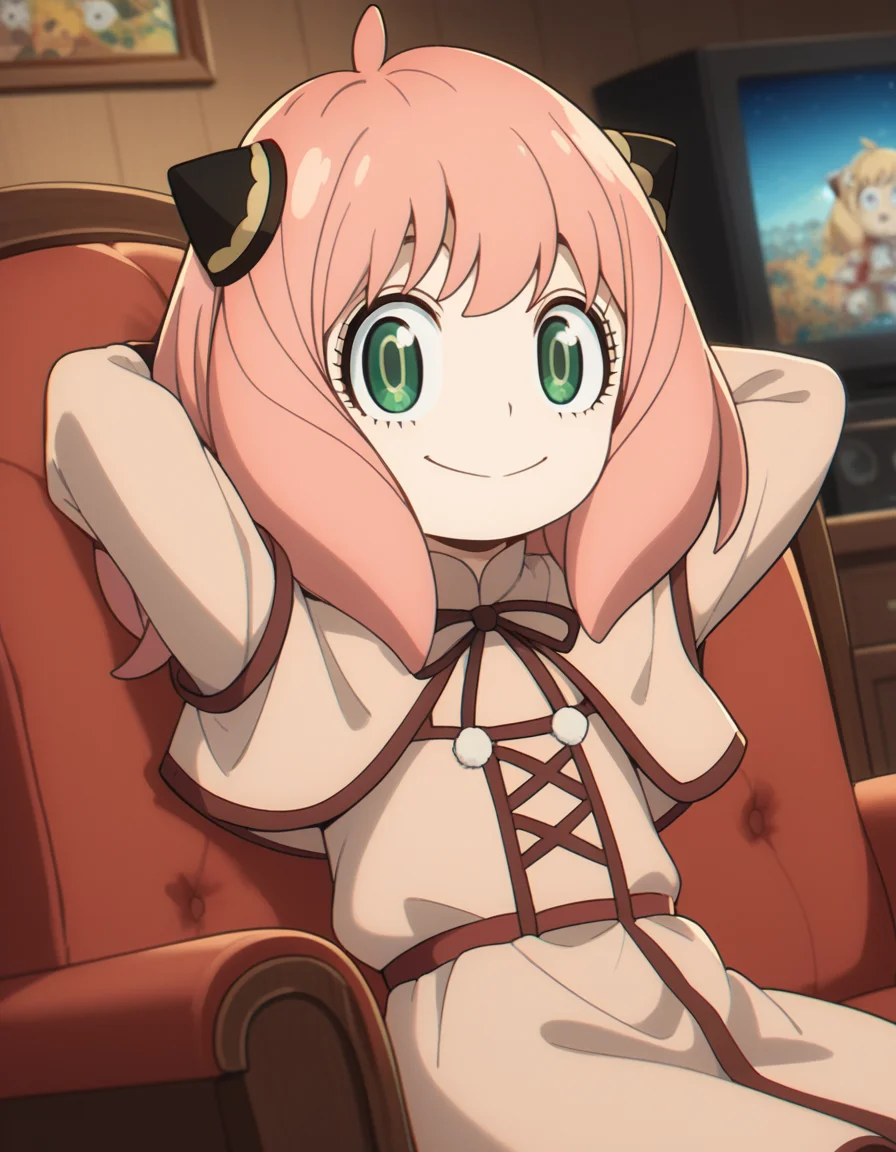 score_9, score_8_up, score_7_up, source_anime, <lora:anya-forger-movie-ponyxl-lora-nochekaiser:1>, anya forger, anya (spy x family), bangs, green eyes, pink hair, ahoge, child, female child, hairpods,, gloves, long sleeves, ribbon, brown gloves, capelet, robe,, living room, television, couch, popcorn, watching movie, night time, sitting,, smile, looking at viewer, hands behind head,, solo,, cowboy shot, dutch angle,