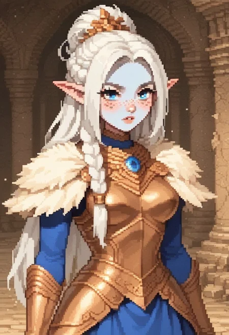 score_9, score_8_up, score_7_up, 1girl, elf, pale blue skin, blue eyes, cute face, pouty lips, freckles, long white hair, braided updo, athletic body, medium breasts, wearing armored mage robes, ivory breastplate studded with rubies, intricate design,  choker, fur cape, exploring dwarven ruins, Csp2Pixel