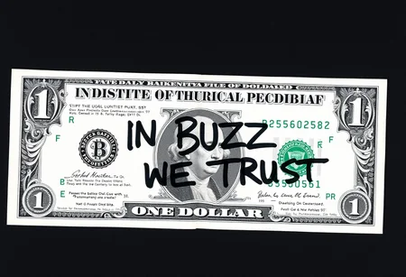 Create the perfect picture of an one dollar note. It has: "IN BUZZ WE TRUST" written on it with a black text marker.