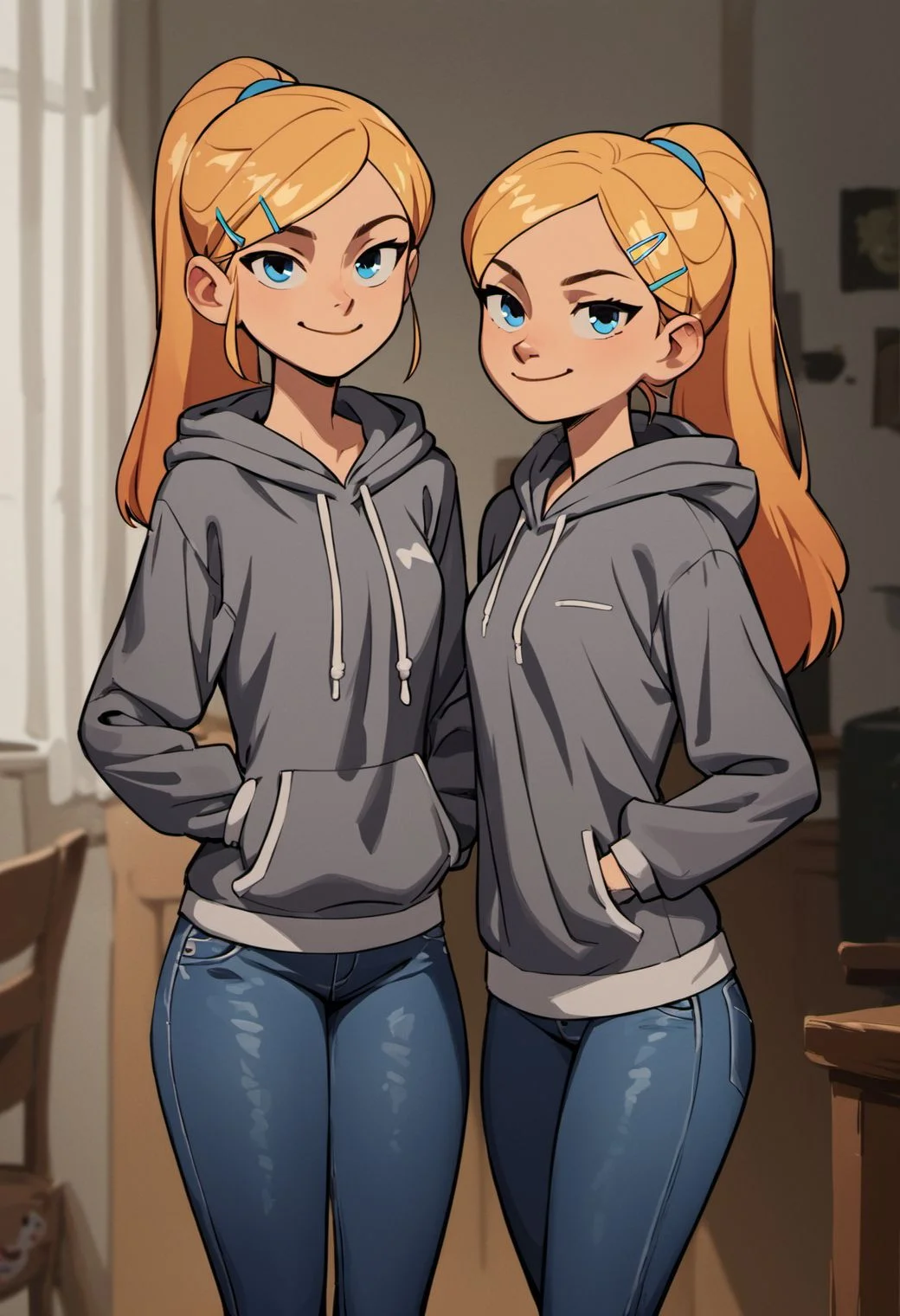 score_9, score_8_up, score_7_up, score_6_up, film grain,
Mangamast3r, 2girls, twins, long hair, looking at viewer, smile, hair ornament, long sleeves, closed mouth, blue eyes, standing, ponytail, hairclip, indoors, hood, blond hair, hoodie, hood down, smug, grey hoodie, jeans,
<lora:Mangamaster_4000s-000007:0.7>,
<lora:fix_hands:1.5>