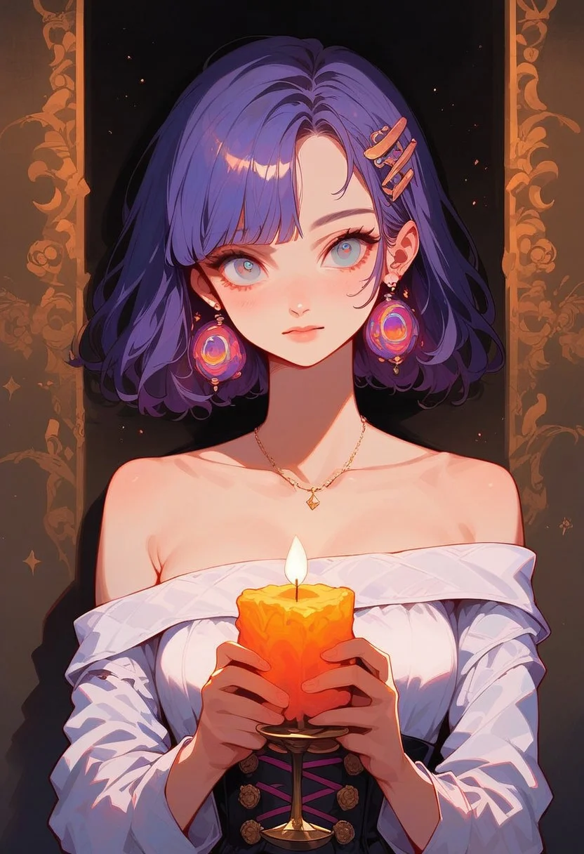 score_9, score_8_up, score_7_up, c0l0urc0r3, cute, faded bright colours, Expressiveh, ultra detailed, dynamic sunlights, dynamic shades, faded bright colours, candle light, low light, one cute women, solo, bare shoulder, holding candle, standing against the wall, corset bodice white gown, long hair, brunette, cute smile, side portrait, (oil painting: 0.2), <lora:Expressive_H:0.8>, <lora:c0l0urc0r3XLP2:0.7>