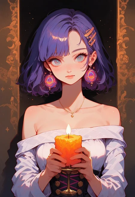 score_9, score_8_up, score_7_up, c0l0urc0r3, cute, faded bright colours, Expressiveh, ultra detailed, dynamic sunlights, dynamic shades, faded bright colours, candle light, low light, one cute women, solo, bare shoulder, holding candle, standing against the wall, corset bodice white gown, long hair, brunette, cute smile, side portrait, (oil painting: 0.2), <lora:Expressive_H:0.8>, <lora:c0l0urc0r3XLP2:0.7>