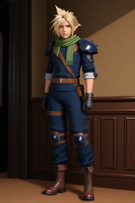 masterpiece, best quality, amazing quality, highres, absurdres, intricate detail,3d,anime,1boy, solo, male focus , , ,<lora:cloud:0.89>, cloud strife,blonde hair,blue eyes,short hair,spiky hair,shirt,looking at viewer, gloves, closed mouth,standing,indoors,jacket, full body,boots, black gloves, pants, belt, scarf, armor, black jacket,thigh strap, military, black pants, brown footwear, shoulder armor, buckle,sleeves rolled up, belt buckle, blue pants, brown belt, knee pads, elbow pads, green scarf, leather belt