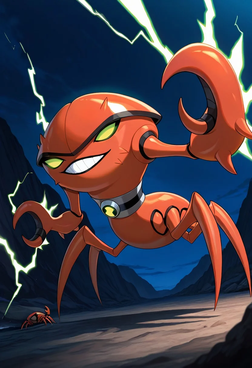 masterpiece, best quality, amazing quality, very aesthetic, absurdres, newest,
brainstorm, solo, teeth, no humans, pokemon (creature), green eyes, clenched teeth, crab, crab claws, , , collar, smile, full body, spider legs, lobster claws,
shooting electricity from claws, pointing arm, dynamic pose, outdoors, night time, glowing electricity,