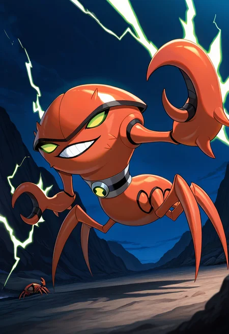 masterpiece, best quality, amazing quality, very aesthetic, absurdres, newest,
brainstorm, solo, teeth, no humans, pokemon (creature), green eyes, clenched teeth,  crab, crab claws, , , collar, smile, full body, spider legs, lobster claws, 
shooting electricity from claws, pointing arm, dynamic pose, outdoors, night time, glowing electricity,