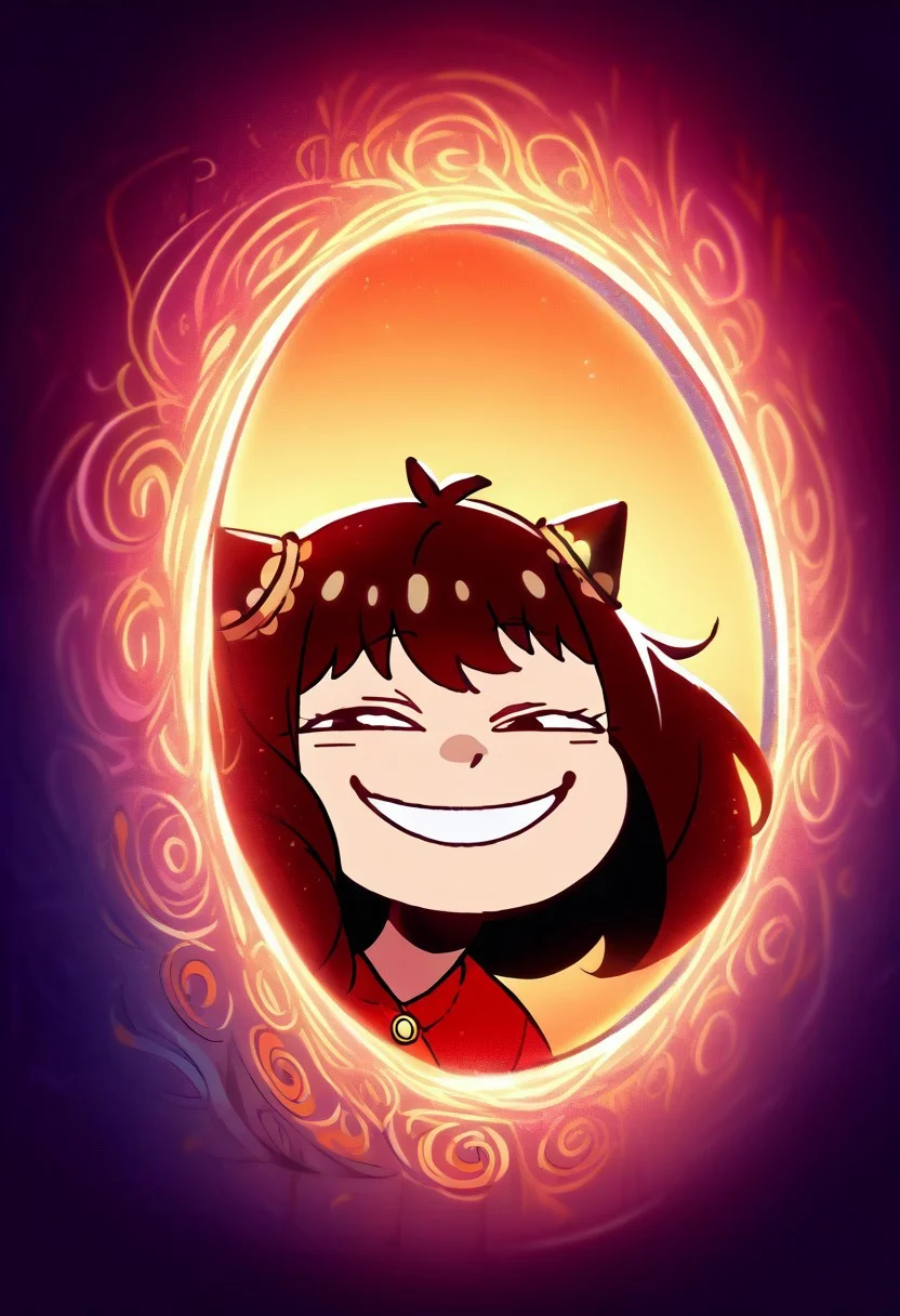 score_9, score_8_up, score_7_up, source_anime, 1girl, anya \(spy x family\), IncrsAnyasHehFaceMeme, grin, smug, peeking out upper body, portal, portal, arm reaching through portal
