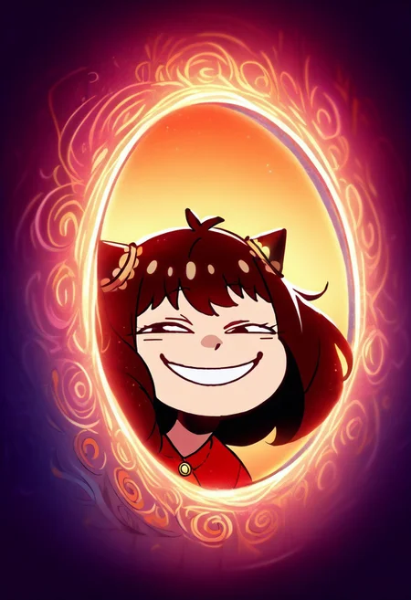 score_9, score_8_up, score_7_up, source_anime, 1girl, anya \(spy x family\), IncrsAnyasHehFaceMeme, grin, smug, peeking out upper body, portal, portal, arm reaching through portal