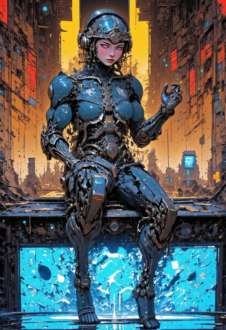 (in Otomo Katsuhiro style:1.2), masterpiece, high-quality, A futuristic scout girl in a sleek angular suit embedded with pulsating circuits, Portrait android under construction, a young girl with a very pretty model face, seated on a screen where you can see a virtual diagram of her like maps, a robotic arm works on some circuits on her arm, several cables come out of her head, in the background a laboratory and various details of buttons with RGB lights, PC from the decade of the 70s, honey-colored eyes, scanning the area for unseen threats, urban sprawl, circuit suit, digital skyline, (Stylized in neon cyberpunk anime with a sharp high-contrast aesthetic:1.1), (elaborate fine details:1.1), (hyperdetailed:1.1), (intricate details:1.0), (Refined details:1.1), (best quality:1.1), (high resolution:1.2),