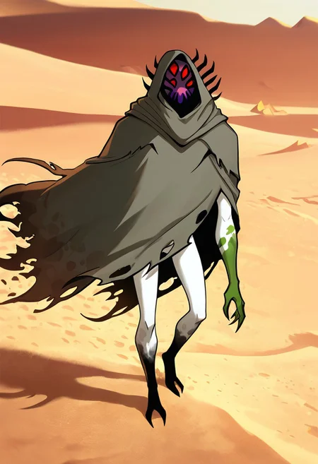 masterpiece, best quality, amazing quality, very aesthetic, absurdres, newest,, detailed background,
highbreed, extra eyes, solo, alien, white skin, purple face, , monster, red eyes, black hands, , claws, black head spikes, white body,
desert, strong winds, cloaked up, gray cloak, torn up cloak, one green hand, left green hand, cloak covering body, sand dunes, egypt pyramids, hood up, ripped cloak, blowing in the wind, strong winds, dynamic pose,