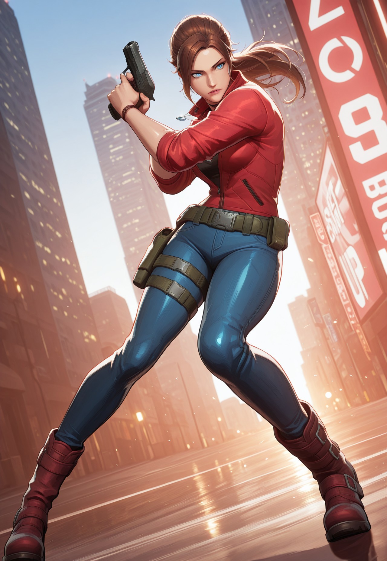 (score_9, score_8_up:1.1), score_7_up, 8k, masterpiece, high quality, extremely detailed, MarvelRivals, semi realistic, cartoon, <lora:AMarvelRivals_style-06:1>, cl4ire, medium breasts, blue eyes, brown hair, long hair, ponytail, necklace, red jacket, partially unzipped, sleeves rolled up, black tank top, jeans, boots, utility belt, holster, thigh strap, cold soft lighting, shiny skin, perfect reflection, perfect lighting, perfect shadows, perfect anatomy, perfect chest, perfect hips, perfect legs and feet, perfect hands, perfect face, perfect eyes, perfect waist, perfect body, perfect face shape, perfect mouth, perfect hair, perfect waist, best quality, detailed hair, expressive eyes, sexy, long legs, slim body, (cityscape sunny,), dynamic pose, action, action pose, action scene, holding gun, handgun, side view, dutch angle,