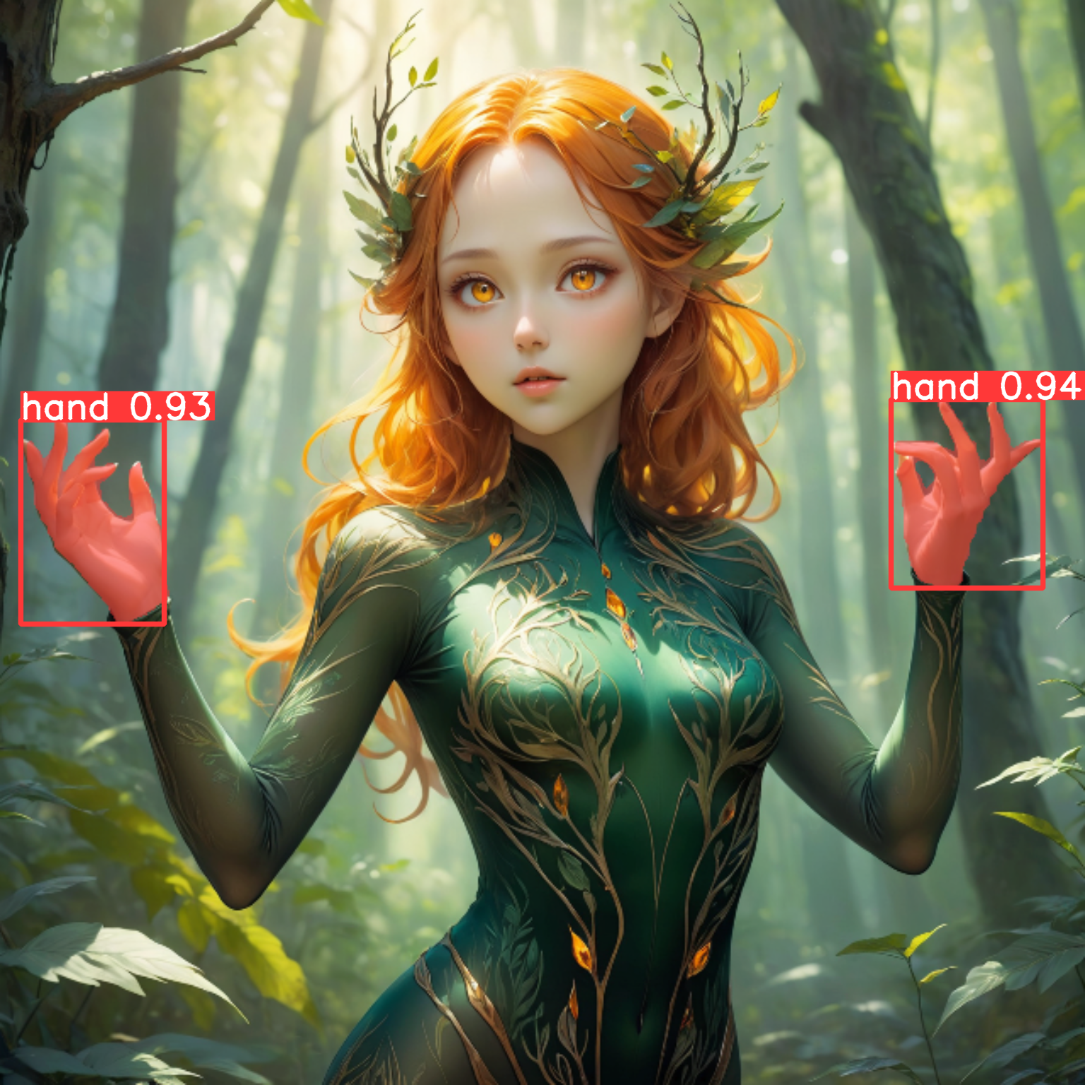 ethereal fantasy concept art of  beautiful forest woman,bodysuit,upper body,hand up,Amber eyes, . magnificent