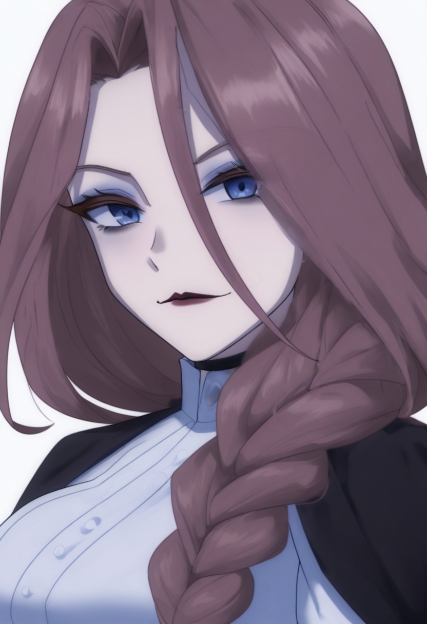crucabena, fierce, long hair, blue eyes, brown hair, braid, gloves, lipstick, black cape, makeup, white shirt, white background, solid background, plain background, facing viewer, looking at the viewer, upper body, medium shot, simple background, <lora:Character_Crucabena - Fierce:1>