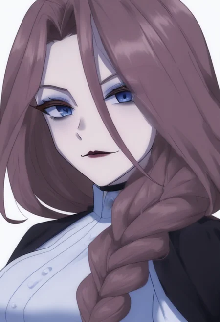 crucabena, fierce, long hair, blue eyes, brown hair, braid, gloves, lipstick, black cape, makeup, white shirt, white background, solid background, plain background, facing viewer, looking at the viewer, upper body, medium shot, simple background, <lora:Character_Crucabena - Fierce:1>