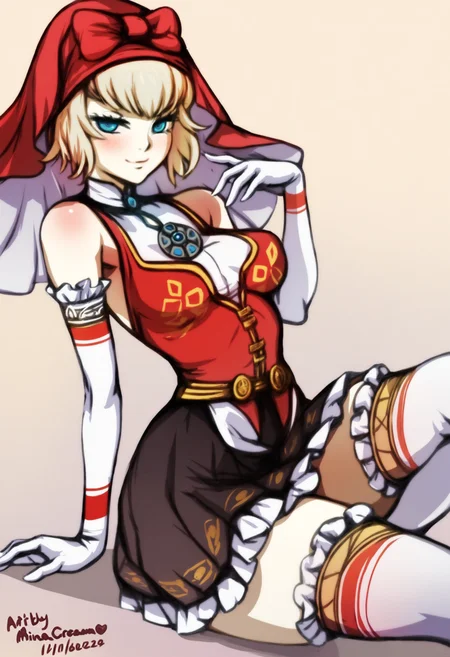masterpiece, best quality, solo, 1girl, smile, looking at viewer, <lora:IdunV2-illus_Fp:1>, s5un, blonde hair, blue eyes, short hair, veil, bow, red dress, collared dress, bare shoulders, black skirt, elbow gloves, brooch, white thighhighs, white gloves, frills, mina cream,
