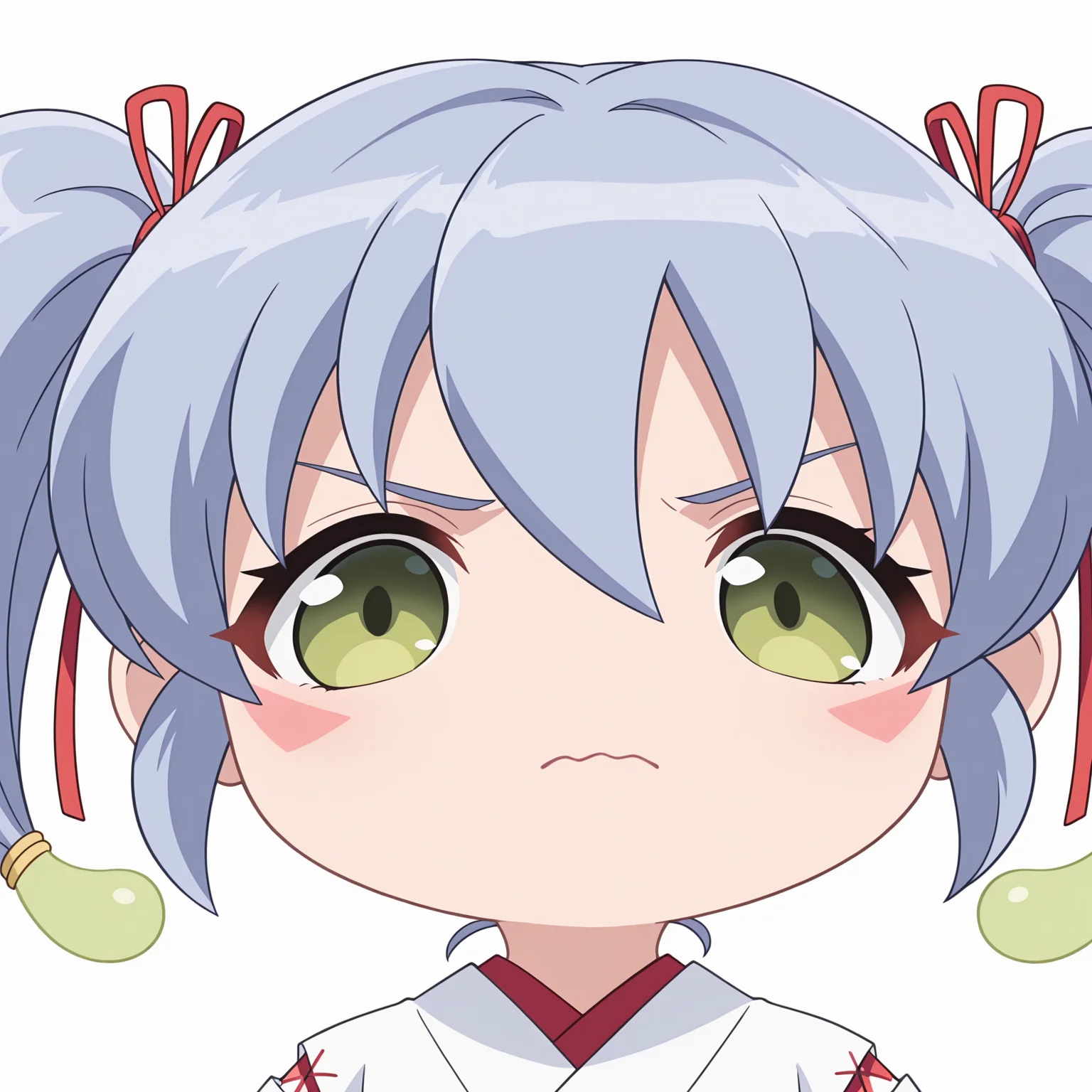 masterpiece,best quality,newest,absurdres,highres,1girl,no nose,solo,mutsuki face \(blue archive\),portrait,chibi,<lora:mutsukifacebaillusxl:0.8>,
white background,simple background,wavy mouth,closed mouth,frown,
BREAK <lora:nazuna_OT2004_illuV01_b3g2plw02c1wd05_d32a32_lr800s2_rvs:1>,nazuna_OT2004,blue hair,short hair,red ribbon,hair ribbon,short twintails,magatama hair ornament,green eyes,red triangle facial mark,hair between eyes,white kimono,cross-laced sleeves,
