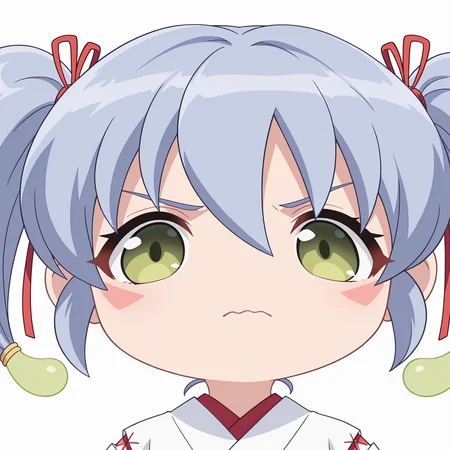 masterpiece,best quality,newest,absurdres,highres,1girl,no nose,solo,mutsuki face \(blue archive\),portrait,chibi,<lora:mutsukifacebaillusxl:0.8>,
white background,simple background,wavy mouth,closed mouth,frown,
BREAK <lora:nazuna_OT2004_illuV01_b3g2plw02c1wd05_d32a32_lr800s2_rvs:1>,nazuna_OT2004,blue hair,short hair,red ribbon,hair ribbon,short twintails,magatama hair ornament,green eyes,red triangle facial mark,hair between eyes,white kimono,cross-laced sleeves,