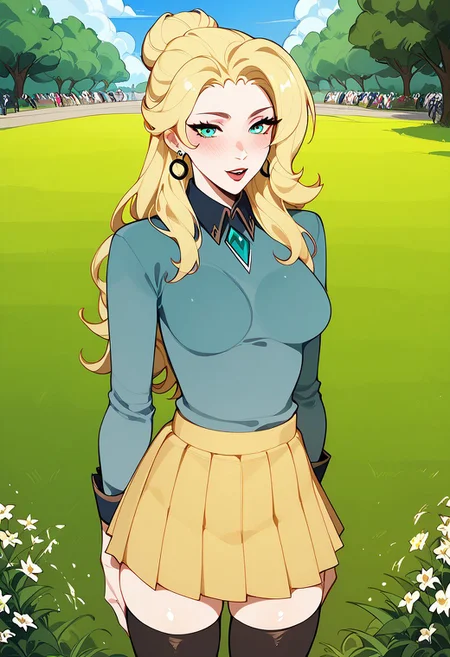score_9, FlatHueLine, score_8_up, score_7_up, score_6_up, masterpiece, best quality, <lora:Expressive_H:1> <lora:FlatHueLine-000009:1> | 1girl, solo, humansalemrwby, long hair, blonde, aqua eyes, single hair bun, earrings, teal shirt, long sleeve shirt, yellow skirt, pleated skirt, mini skirt, tight shirt, black thighhighs, BREAK Outdoors, public park, trees, grass field, flowers, summer setting, medium breasts, seductive expression, blushing, Expressiveh