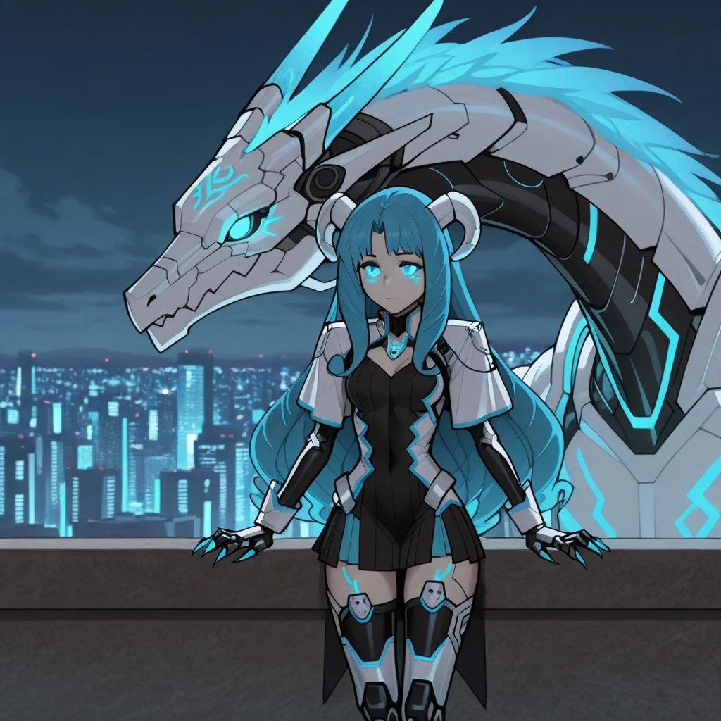 (dragon), highly detailed, robot, horns, metallic skin, Jessica main clothing (outfit), long sleeves, dress, thighhighs,
white bio - mechanical details, bionic cyborg implants, solo, detailed background, solo, glowing eyes, city,(glowing orange blue tribal markings), claws, dragon, patientzassorteddoujinstyleblendil