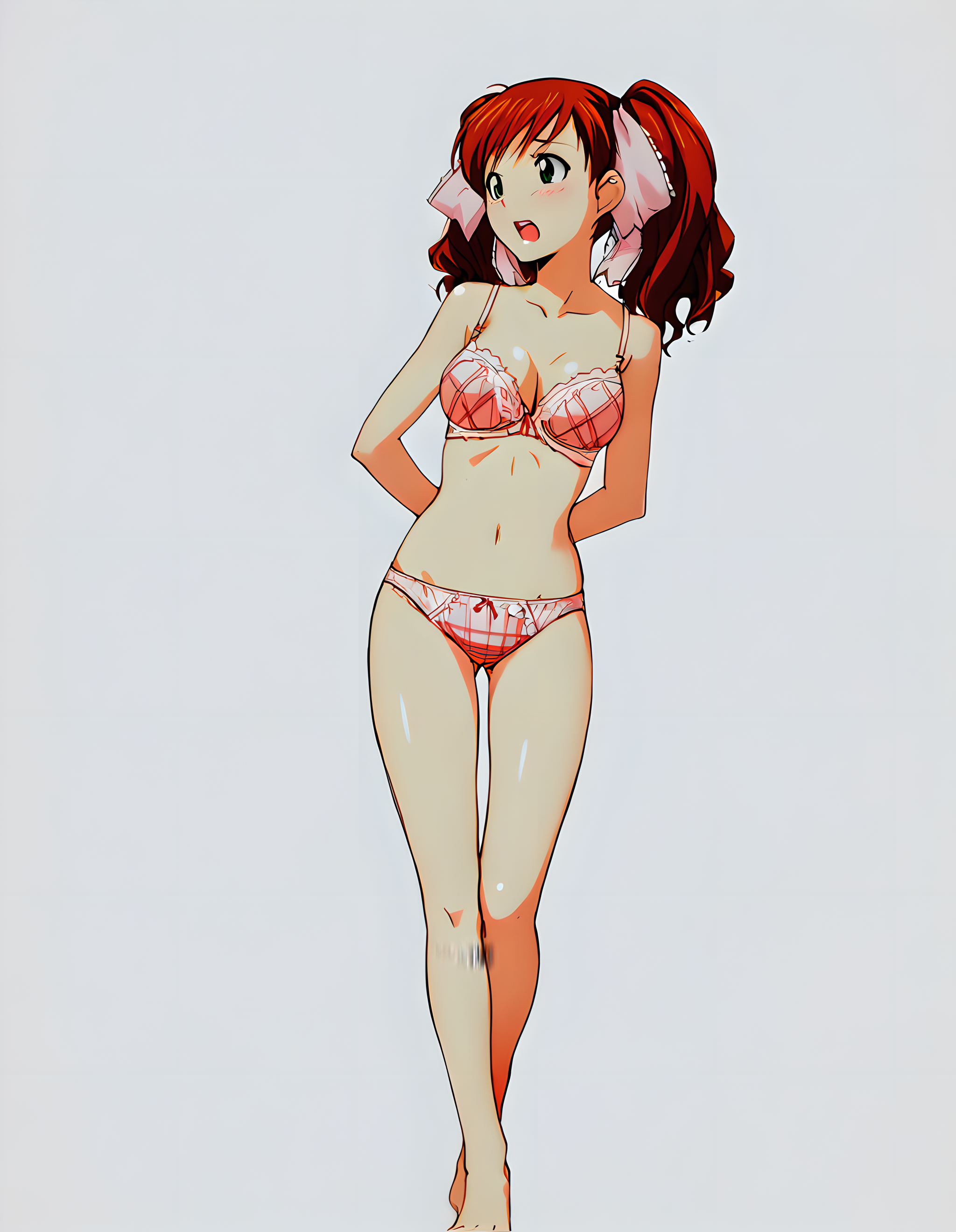 <lora:illustrious_XL_asahina_v2:0.9>,asahina,masterpiece,best quality,good quality,1girl,solo,underwear only,pink lattice bra,pink lattice panties,barefoot,embarrass,standing,white_background,full body,