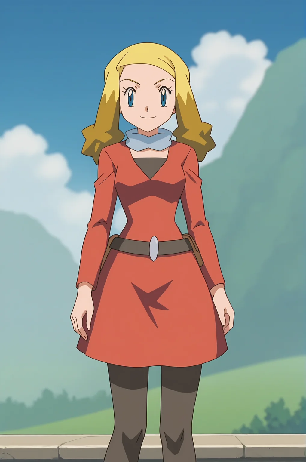 score_9, score_8_up, score_7_up, source anime, anime, animification, anime screencap, anime coloring, vivid colors, shiny skin, skindentation, deep skin, depth of field, high quality, highres, (dynamic angle,dynamic pose),
alice \(pokemon\), 1girl, solo, long hair, looking at viewer, smile, blue eyes, blonde hair, long sleeves, dress, closed mouth, standing, pantyhose, cowboy shot, outdoors, sky, day, belt, cloud, scarf, blue sky, black pantyhose, red dress, building
BREAK
masterpiece,high quality
<lora:Alice_PokemonPony:1>