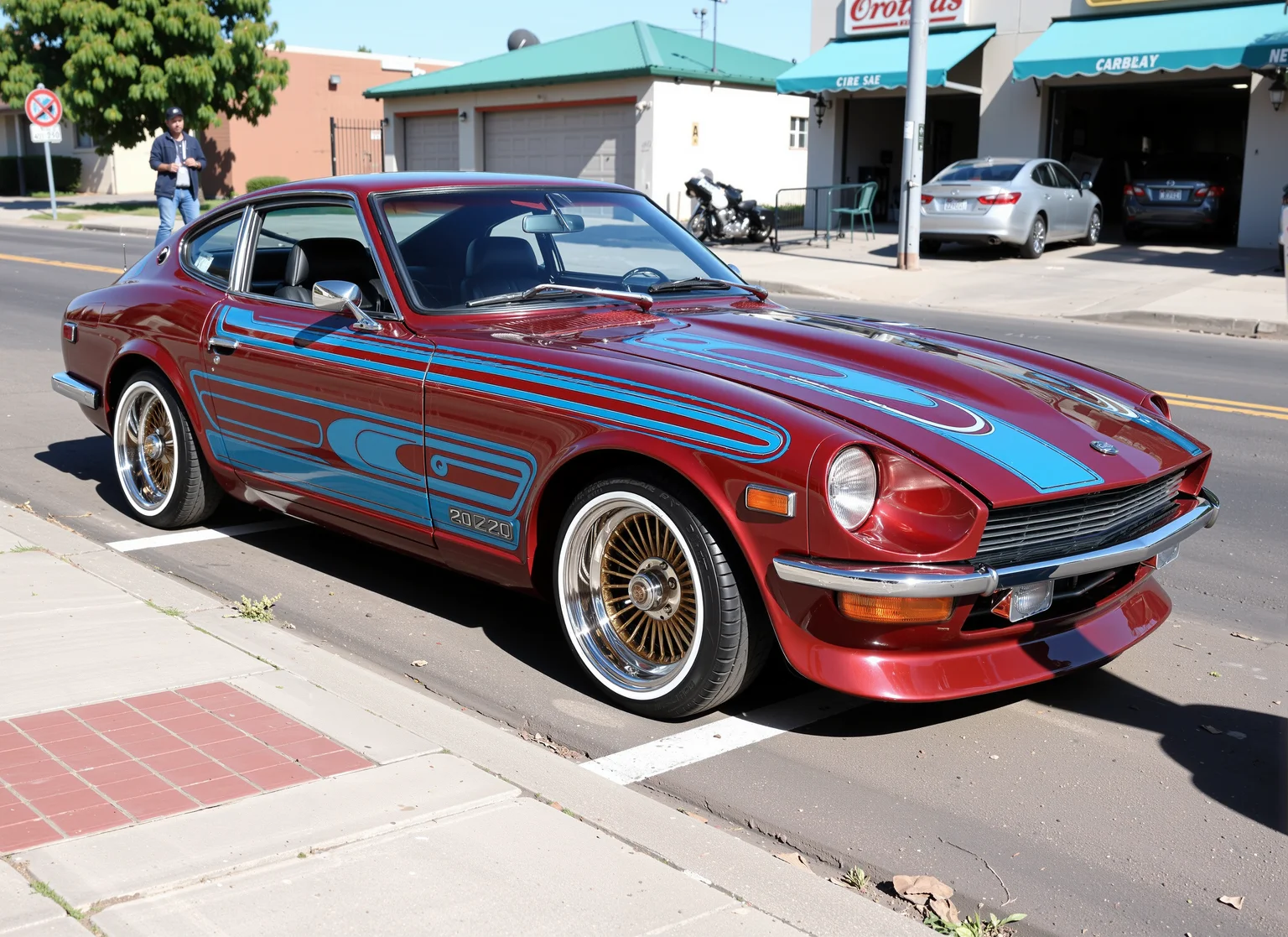 1972 Nissan Datsun 240Z Fairlady lowrider, chromaflair red metalflake multicolored paint with blue and white designs on it, (white sidewall tires), gold wire wheels, in a los angeles street <lora:lowrider:1> <lora:ral-nssndtsn:1>