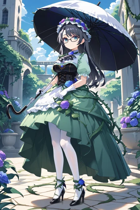 score_max, (score_9, score_8_up, score_7_up:1.0), score_6_up, official art,
, masterpiece, absurdres, high detail, 8k,
garden, bush, stone floor, moss, blue sky,
standing, holding holding parasol, umbrella over shoulder, umbrella, expressionless, looking at viewer,
solo, marian, black hair, long hair, black-framed eyewear, princessform, white headwear, head wreath, blue rose, purple rose, vines, green dress, ascot, puffy sleeves, corset, white gloves, elbow gloves, long skirt, plant, thorns, white pantyhose, black footwear, high heels
<lora:XL_Pony_MGCM-marianne-t1:1.0>