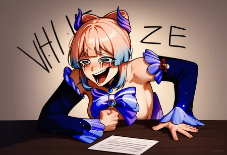 score_9, score_8_up, score_7_up, 1girl, Wheeze, open mouth, tears, laughing, <lora:Wheeze_XLPD:1>, hand on table, english text, clenched hand, sangonomiya kokomi,