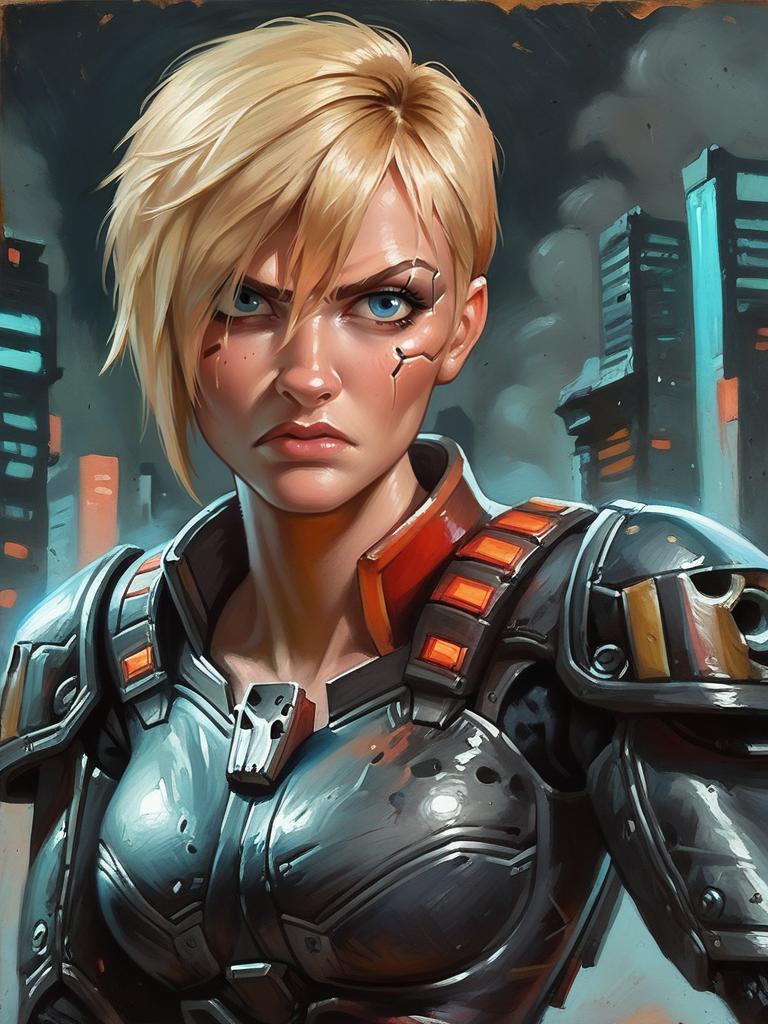 score_9, score_8_up, score_7_up, 1girl, dynamic pose, cowboy shot, cyberpunk city, serious, looking at viewer, daylight, sexually suggestive, epic pose, gun,
 <lora:ASergeantCalhoun_character:0.8>, SergeantXLP, blonde hair, short hair, blue eyes, armor, shoulder armor, bodysuit, solo, cartoon, <lora:Eldritch Oil Style LoRA_Pony XL v6:0.7> oil painting, traditional media, realistic,,