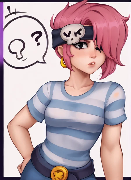 bspenny ,1girl , pink hair , short hair, black eye , bandana, one eye covered , skull ,hairband , striped shirt, belt, looking at viewer ,confused, <lora:bspenny:0.9> <lora:Kittew-4RCH0N:1>4RCH0N
