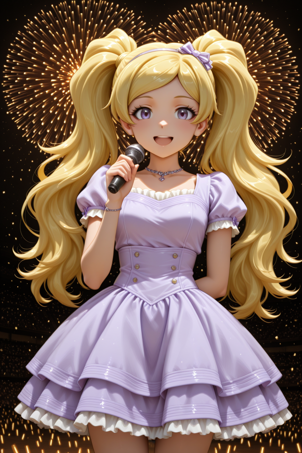masterpiece, best quality, amazing quality, 1girl, solo, makeup, perspective, general, looking at viewer, cowboy shot, anime screencap, stage, smile, idol, (singing), holding microphone, dynamic angle, <lora:Emily_Stewart_Million:1>, Emily_Stewart_Million, blonde hair, long hair, twintails, purple eyes, breasts, parted bangs, purple dress, kawaii fashion, idol dress, jewelry, hair ornament, frilled dress, audience, glowstick, fireworks, confetti, tiara, <lora:wai-2Rectified-V140:1>, <lora:illustrious_noobai_epsilon_pred_1_masterpieces_v1:1>