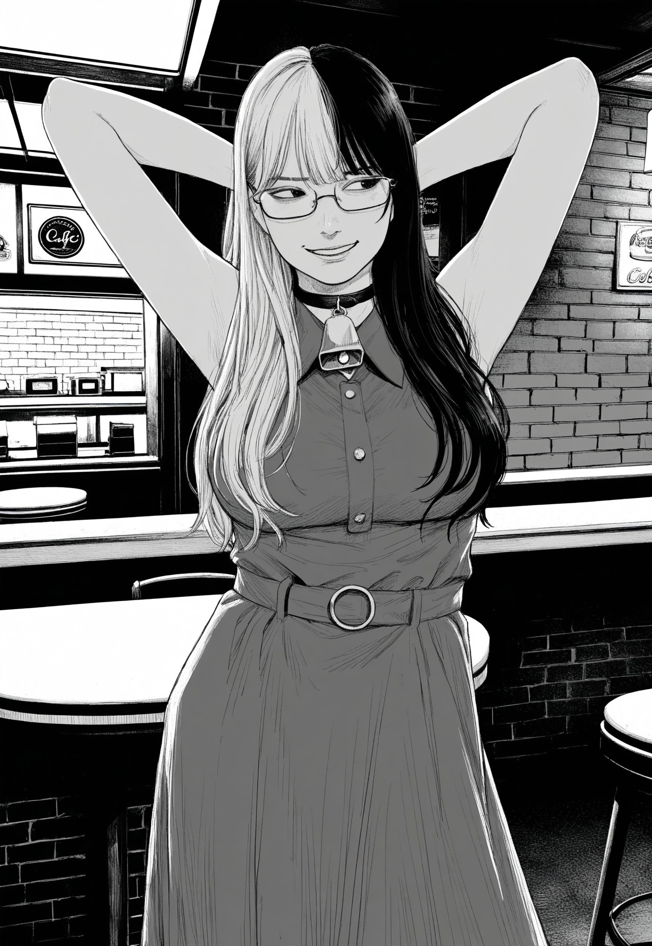 contrapposto, hands behind head,
cafe, diner,
collared_dress, smirk, looking to the side, cowbell, glasses,
when_you_see_it, brick wall,
split-color hair, dark hair, long hair,
monochrome, greyscale, realistic,
absurdres, fine fabric detail, best quality, masterpiece, very aesthetic