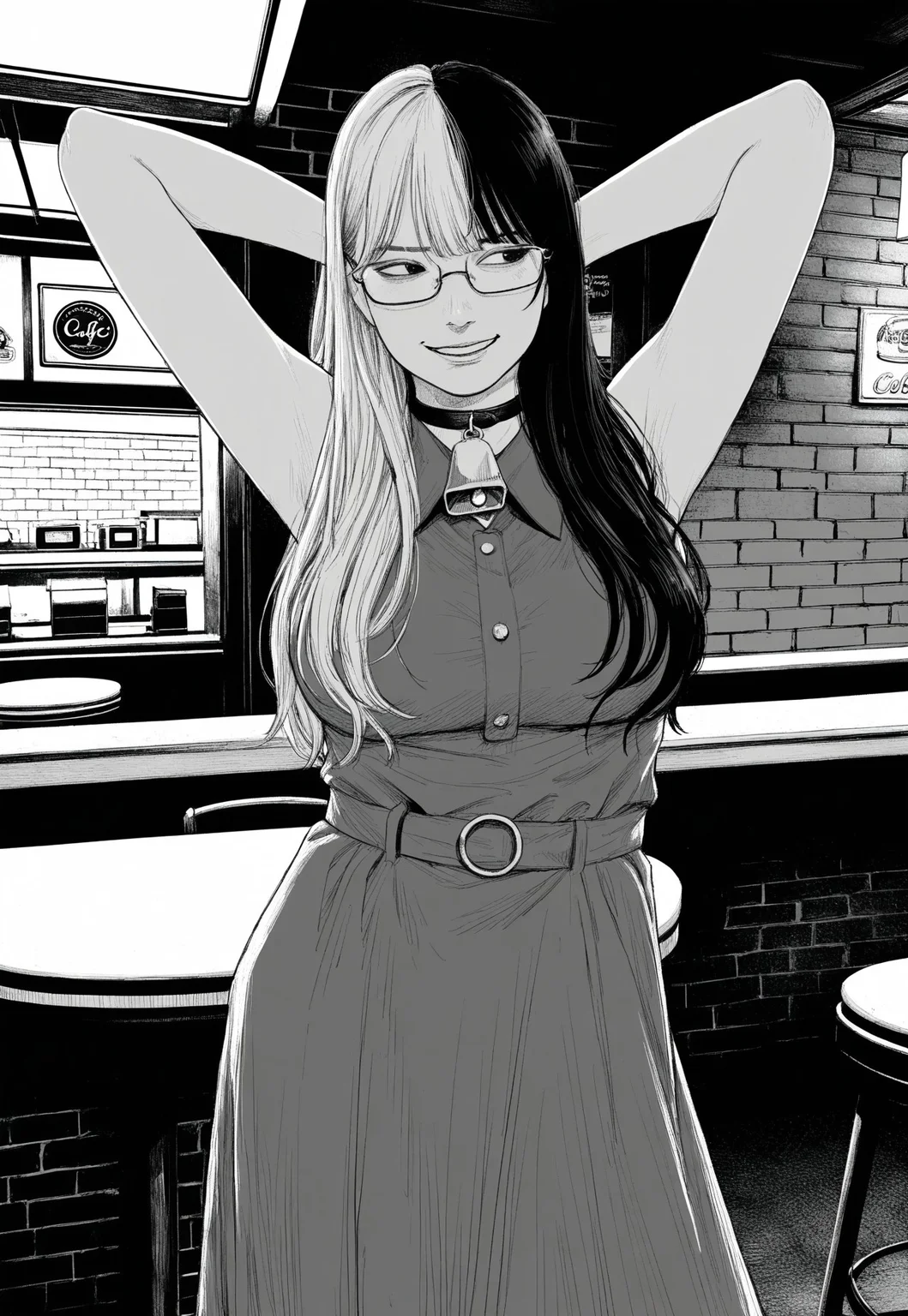 contrapposto, hands behind head,
cafe, diner,
collared_dress, smirk, looking to the side, cowbell, glasses,
when_you_see_it, brick wall,
split-color hair, dark hair, long hair,
monochrome, greyscale, realistic,
absurdres, fine fabric detail, best quality, masterpiece, very aesthetic