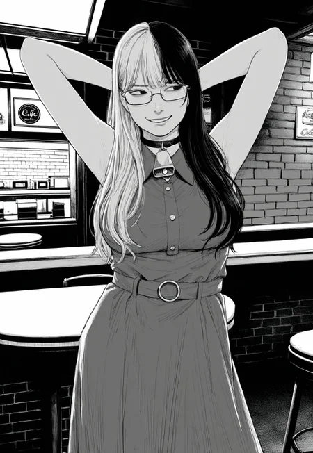 contrapposto, hands behind head,
cafe, diner,
collared_dress, smirk, looking to the side, cowbell, glasses,
when_you_see_it, brick wall,
split-color hair, dark hair, long hair,
monochrome, greyscale, realistic,
absurdres, fine fabric detail, best quality, masterpiece, very aesthetic