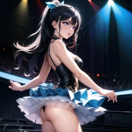cowboy shot, masterpiece, best quality, 1girl, mature female:1.3, long eyelashes, lips, lips apart, solo, standing, blue tutu, on stage, stage lights, medium round breasts, layered skirt, ribbon-trimmed tutu, miniskirt <lora:Tutu-000020:0.75>