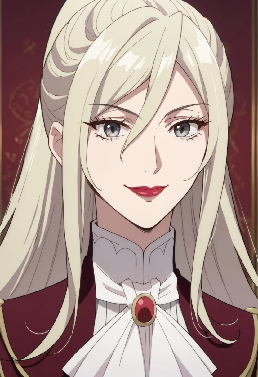score_9, score_8_up, score_7_up, source_anime, elynsia teos rave, long hair, light blonde hair, grey eyes, anime coloring, 1girl, solo, ponytail, lipstick, ascot, hair between eyes, smile, makeup, white ascot, upper body