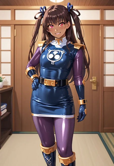 score_9, score_8_up, score_7_up, BREAK,
1girl, solo, defYuki, tan, dark-skinned female, brown hair, red eyes, two side up, long hair, sentaikageblue, shiny clothes, spandex, silver bodysuit, fishnet bodysuit, bodysuit under clothes, black dress, shoulder pads, black belt, black gloves, boots, boots, blush, small smile, looking at viewer, indoors, tatami, sliding door, room, night,