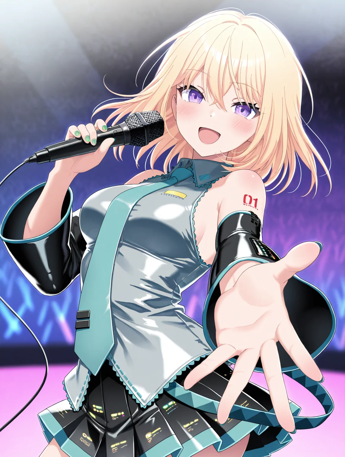 1girl, misumi uika, cowboy shot, blonde hair, purple eyes, <lora:AveMujica_noobXL:0.6>, looking at viewer, blush, aged up, green nails, medium breasts, smile, open mouth,
[holding microphone], reaching towards viewer, hatsune miku \(cosplay\),
concert, blurry background, dynamic pose, masterpiece,best quality,amazing quality,newest