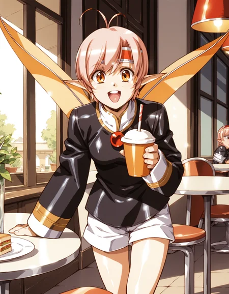 score_9,  score_8_up, score_7_up <lora:tippi-ponyxl-000025:1> tippi, juliet sleeves, black shirt, shorts, headband, fairy wings,
1girl, happy, open mouth, cafe