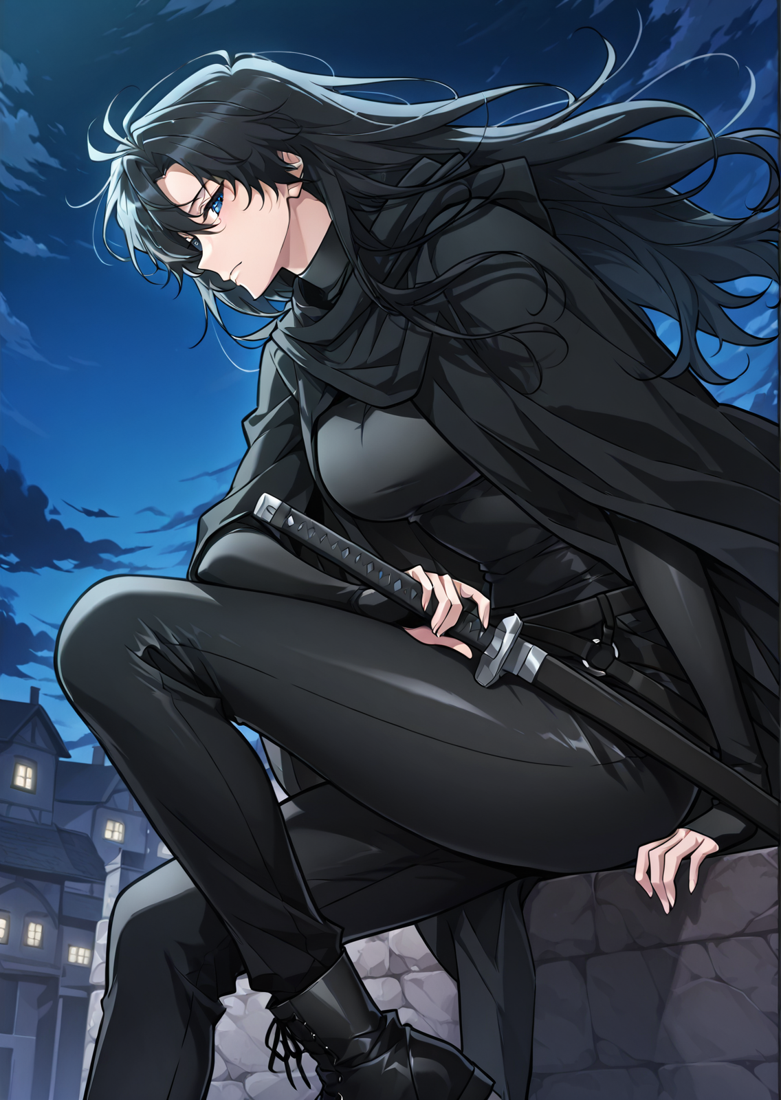 <lora:Omniscient_Readers_Viewpoint__Yoo_Joonghyuk_Female:1>
1girl, solo, black hair, long hair, wavy hair, loose hair, blue eyes, 
black outfit, black cloak, black long coat, cape, tight suit, black belt, black gloves, black pants, black boots, tactical outfit, katana, sword, sword sheath,
score_9, score_8_up, score_7_up, score_6_up, source_anime, masterpiece, best quality, absurdres, highres, newest, anime coloring <break>  1girl, solo, sitting, on wall, from side, town, night sky, cloud