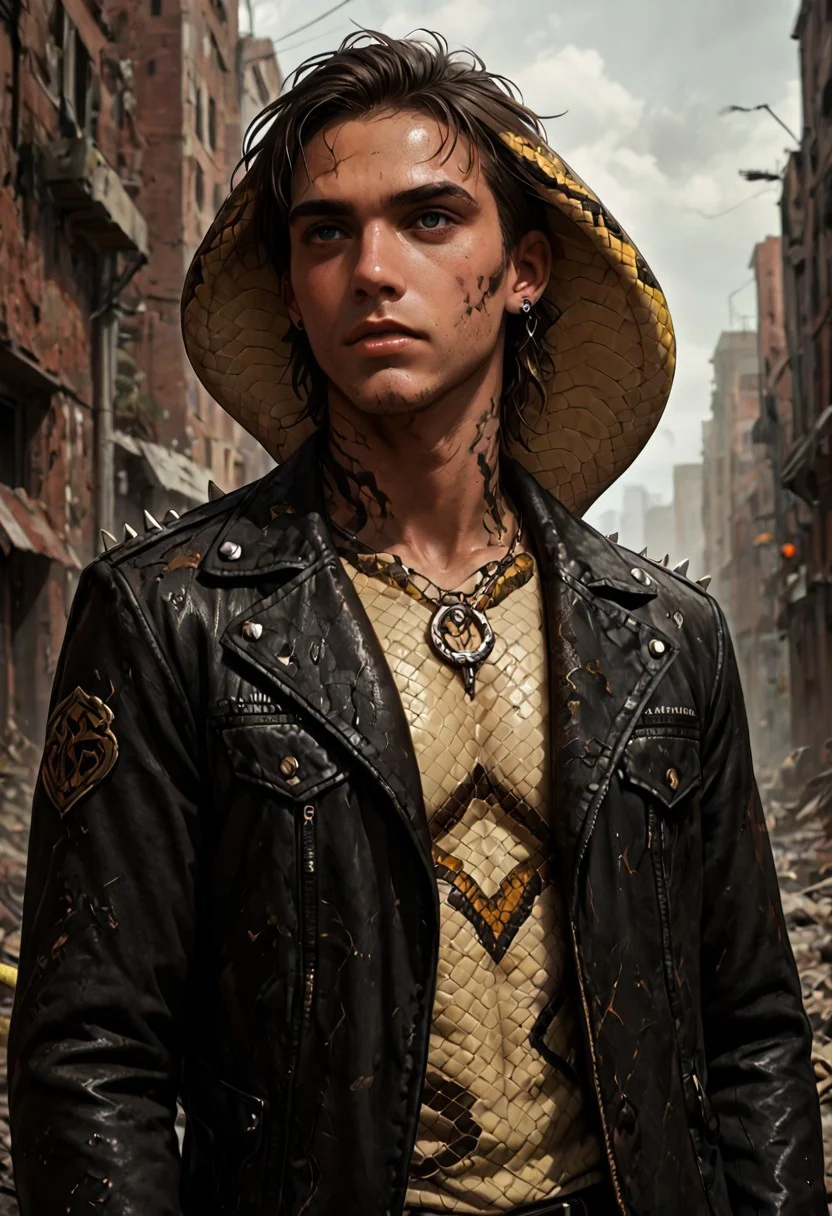 score_9, score_8_up, score_7_up, best quality, fine detail, 1boy, solo, wearing a large leather jacket with spikes and studs, (he has snakes for arms), (snake_hybrid), in a dystopian city with rubble, visually interesting, vivid colors, dark shadows, highest quality,