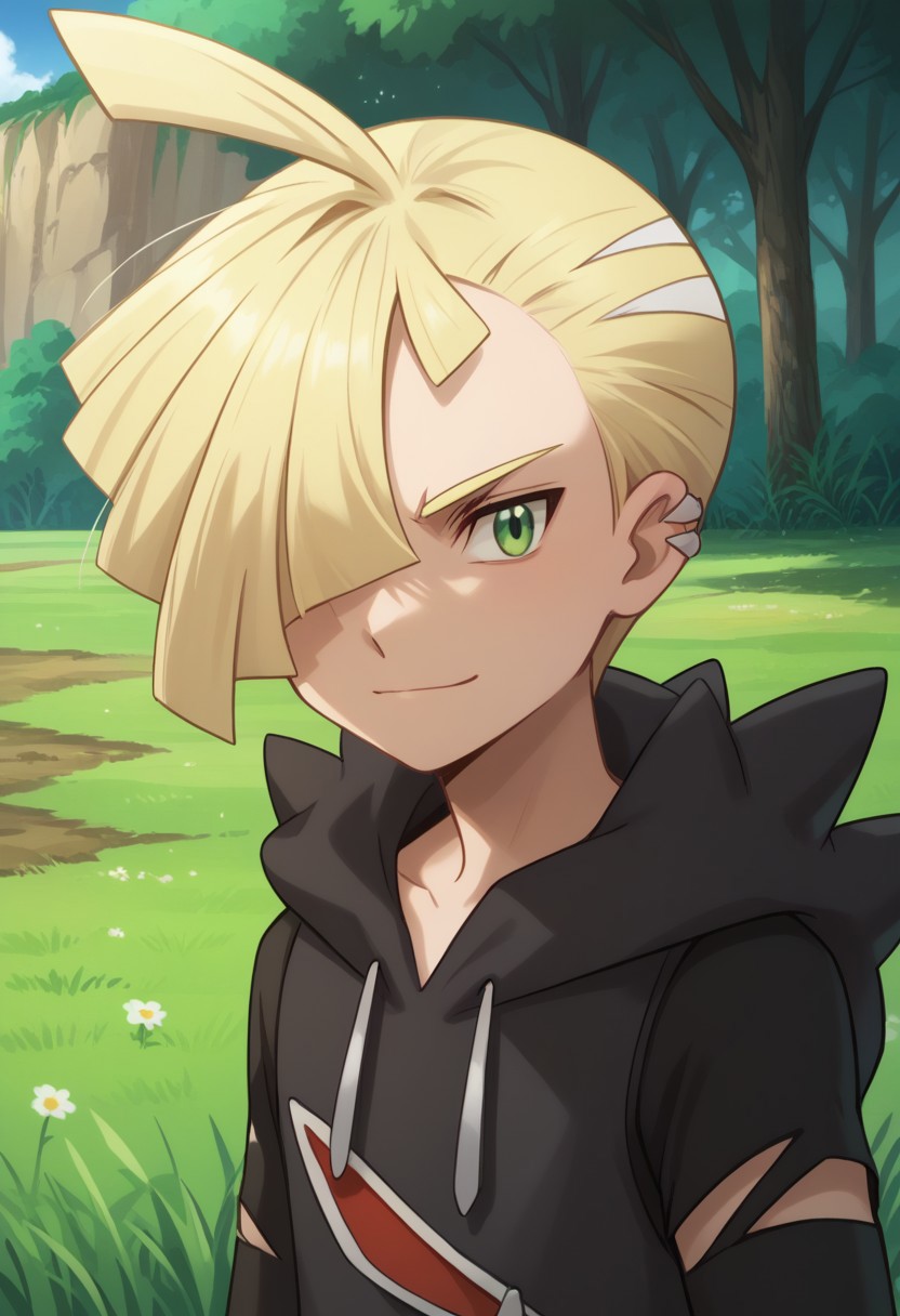 score_9, score_8_up, score_7_up, source_anime, highly detailed, 
gladion, 1boy, male focus, solo, blonde hair, green eyes, hair over one eye, 
closed mouth, smile, hoodie, hood, piercing, ear piercing, torn clothes,
upper body, ahoge, long sleeves, short hair, hood down,
outdoor, grass, trees, day,