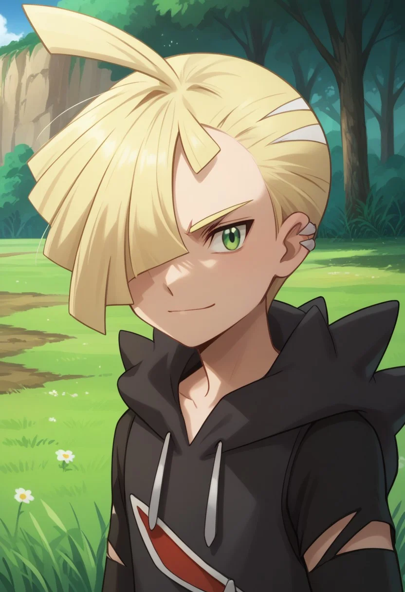score_9, score_8_up, score_7_up, source_anime, highly detailed,
gladion, 1boy, male focus, solo, blonde hair, green eyes, hair over one eye,
closed mouth, smile, hoodie, hood, piercing, ear piercing, torn clothes,
upper body, ahoge, long sleeves, short hair, hood down,
outdoor, grass, trees, day,
