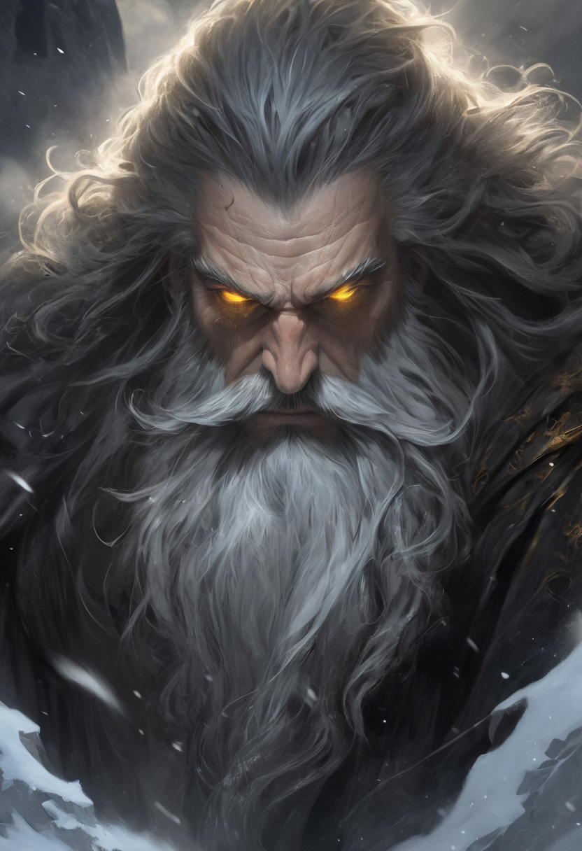 an award-winning digital art piece featuring a menacing and powerful wizard. This bearded figure, with long hair and stark white facial hair, is highlighted by a dim backlight creating a stark contrast against a dark, foggy atmosphere. His (beautiful detailed eyes, yellow eyes:1.6) pierce through the ominous scene set on a snowy mountain top. Rendered in a realistic fantasy style with a monochromatic palette of blacks, grays, and whites. This work would stand out in Fantasy Art Online Galleries, Dark Fantasy magazines, and captivate at the Spectrum Fantastic Art Awards or World Science Fiction Convention Awards. Featured in Fantasy Magazine and ImagineFX.