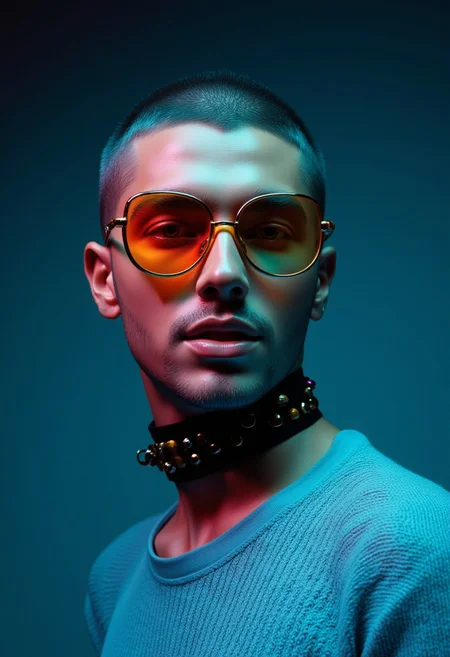 A studio character photography of a 30ish male model with short buzz cut ashen hair. His face is squarish with strong jaw lines. And a neatly trimmed short cut beard. He looks provocativly into the camera. He wears golden mascara and golden cheek studs. And coloured mirroring sunglasses that show golden and cyan reflections.
He wears a black collar band with studs that reflect the neon cyan and gold lights.
He wears a cyan knitted cleaved crop top that reveals his strong chest muscle and collar bones.
The viewpoint is set on eye-level, catching his face as he turns it into the camera. 
The scene is smoothly lit, strong golden rinlights set the character apart from an uniform darker tone of cyan.