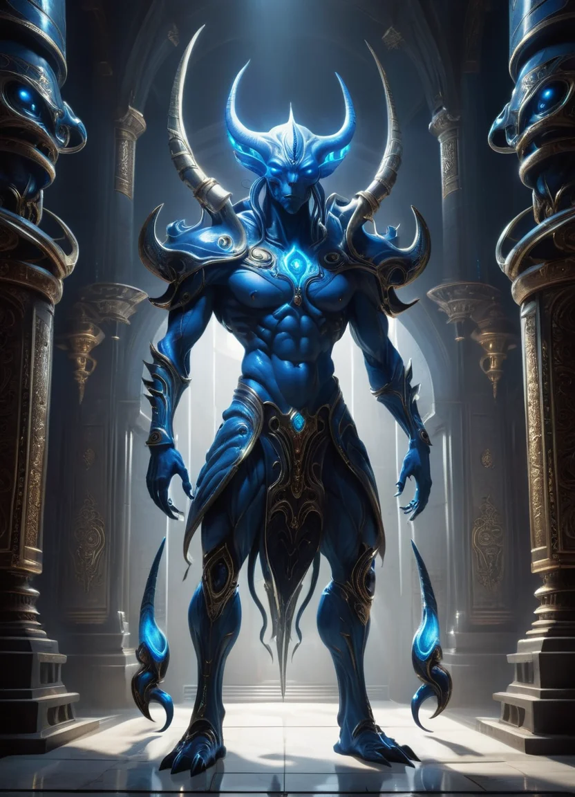 Full body shot of a Blue Alien Monster inside a temple , Scince Fiction, Cross, Blue glowing horns, GHTEN <lora:derv-GHTEN-SDXL-000003:0.7>