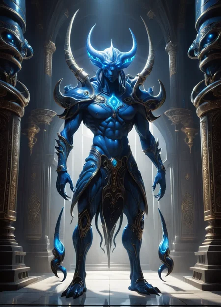 Full body shot of a Blue Alien Monster inside a temple , Scince Fiction, Cross, Blue glowing horns, GHTEN <lora:derv-GHTEN-SDXL-000003:0.7>